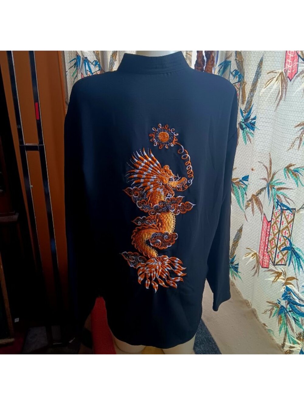 Large Womens Traditional Dragon Embroidered Black Tang Jacket Frog Closures
